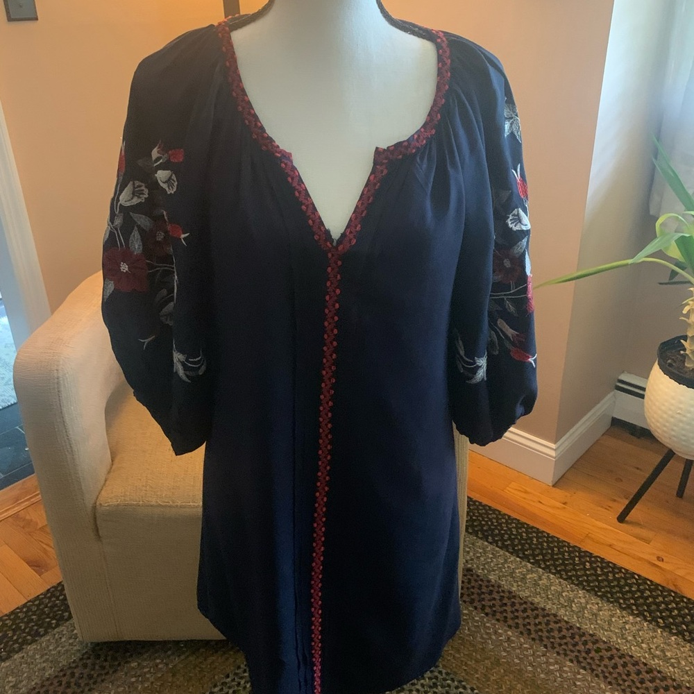 Solitaire Dark Blue Blouse with Red Embroidery